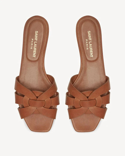 Yves Saint Laurent Tribute Mules in Smooth Leather Amber