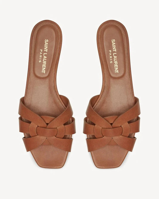 Yves Saint Laurent Tribute Mules in Smooth Leather Amber
