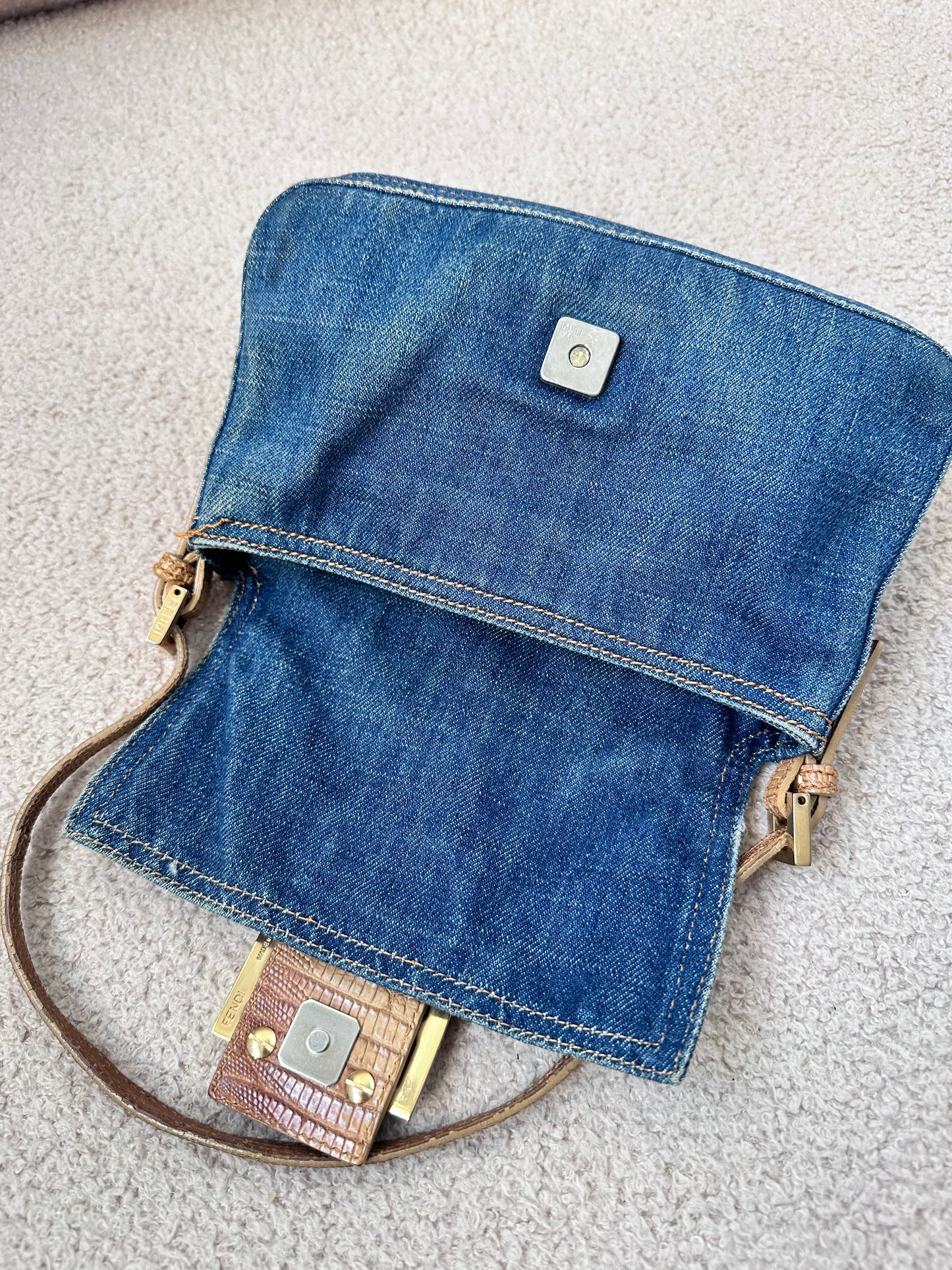 Fendi Vintage Blue Denim Lizard Trim Baguette