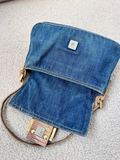 Fendi Vintage Blue Denim Lizard Trim Baguette