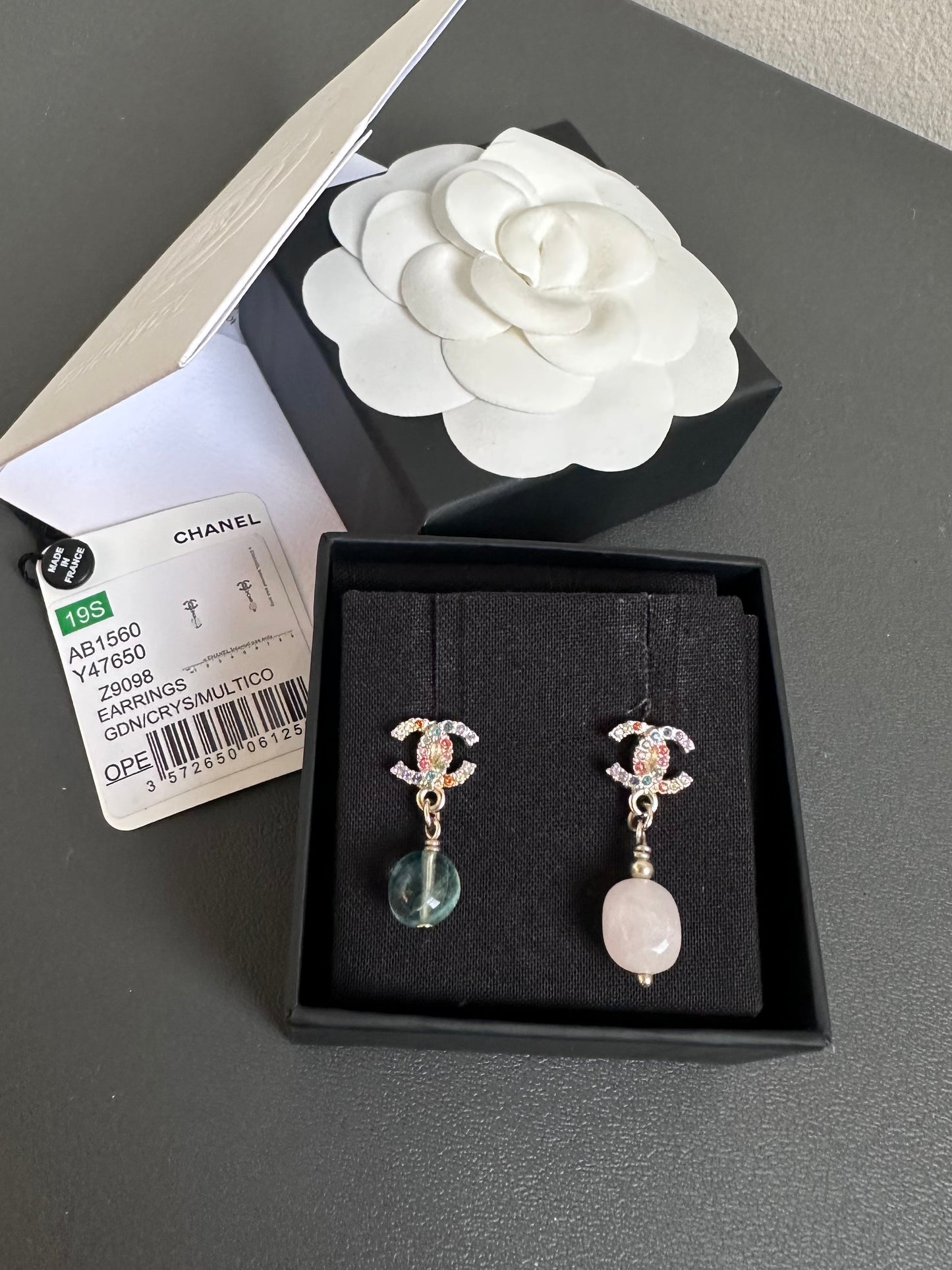 Rare Chanel Rainbow Crystal CC Drop Dangling Earrings