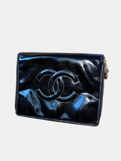 RARE Chanel Vintage Vanity Makeup Zip Case Clutch - 24K Gold Plated Hardware / Black Patent
