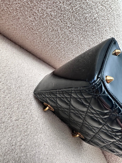 Christian Dior Lady Dior Medium Black Patent Gold Hardware