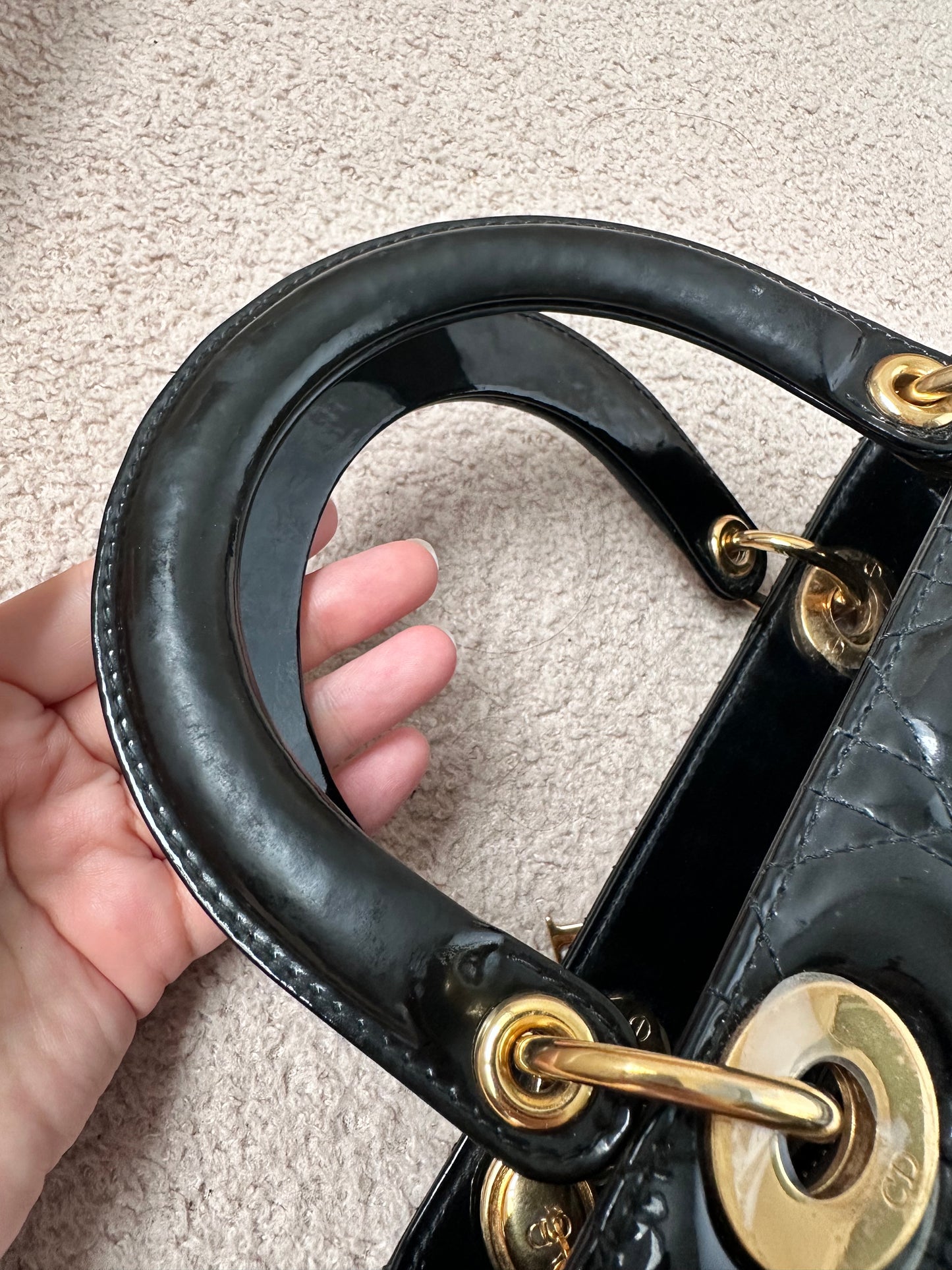 Christian Dior Lady Dior Medium Black Patent Gold Hardware