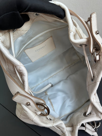 Chanel Maxi Hobo Caviar Bucket Shoulder Bag - Cream Beige / Silver Hardware