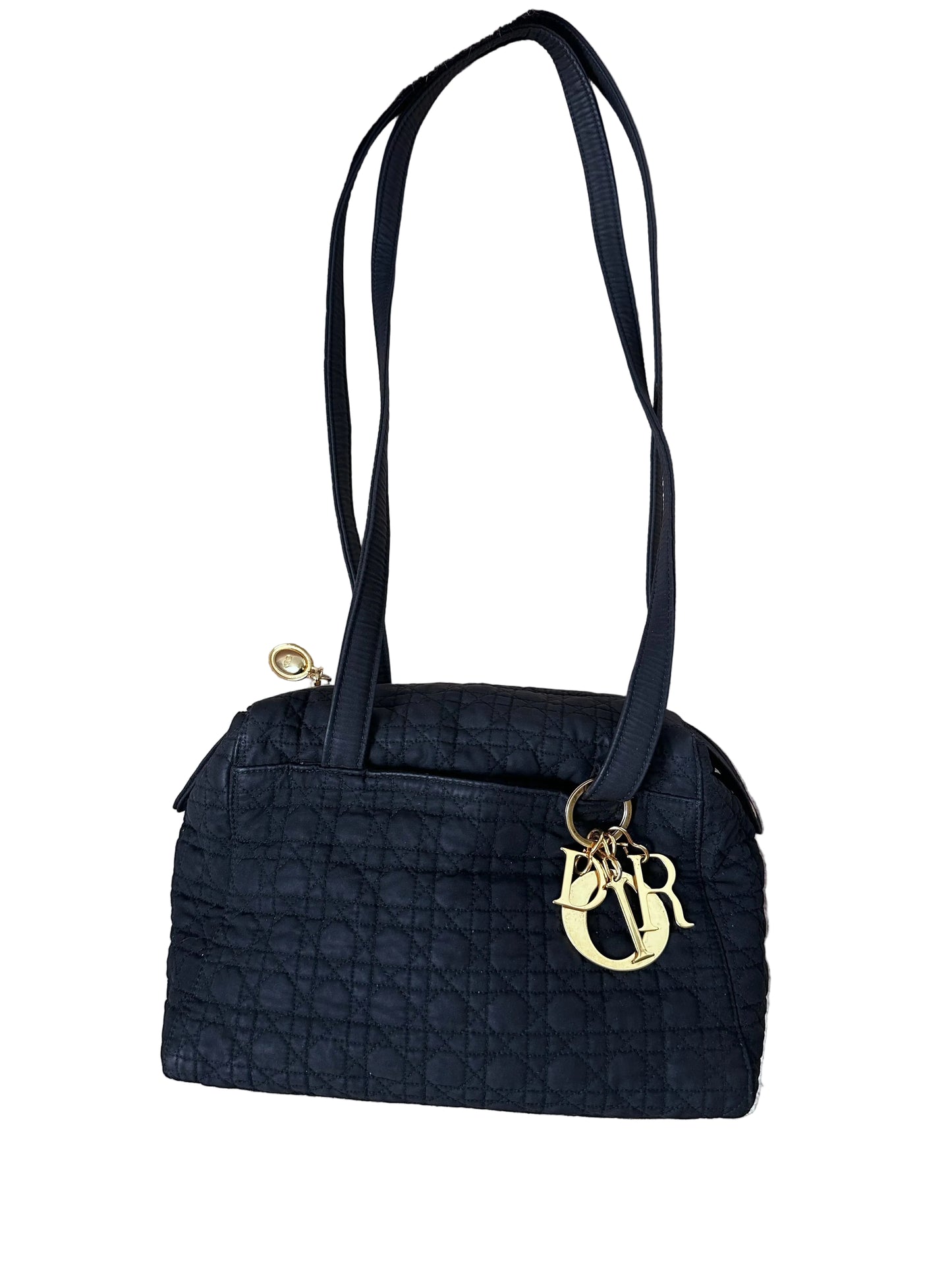 CHRISTIAN DIOR Lady Dior Cannage Preppy Shoulder Camera Tote - Black Nylon / Gold Hardware