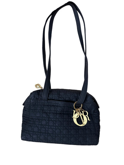 CHRISTIAN DIOR Lady Dior Cannage Preppy Shoulder Camera Tote - Black Nylon / Gold Hardware