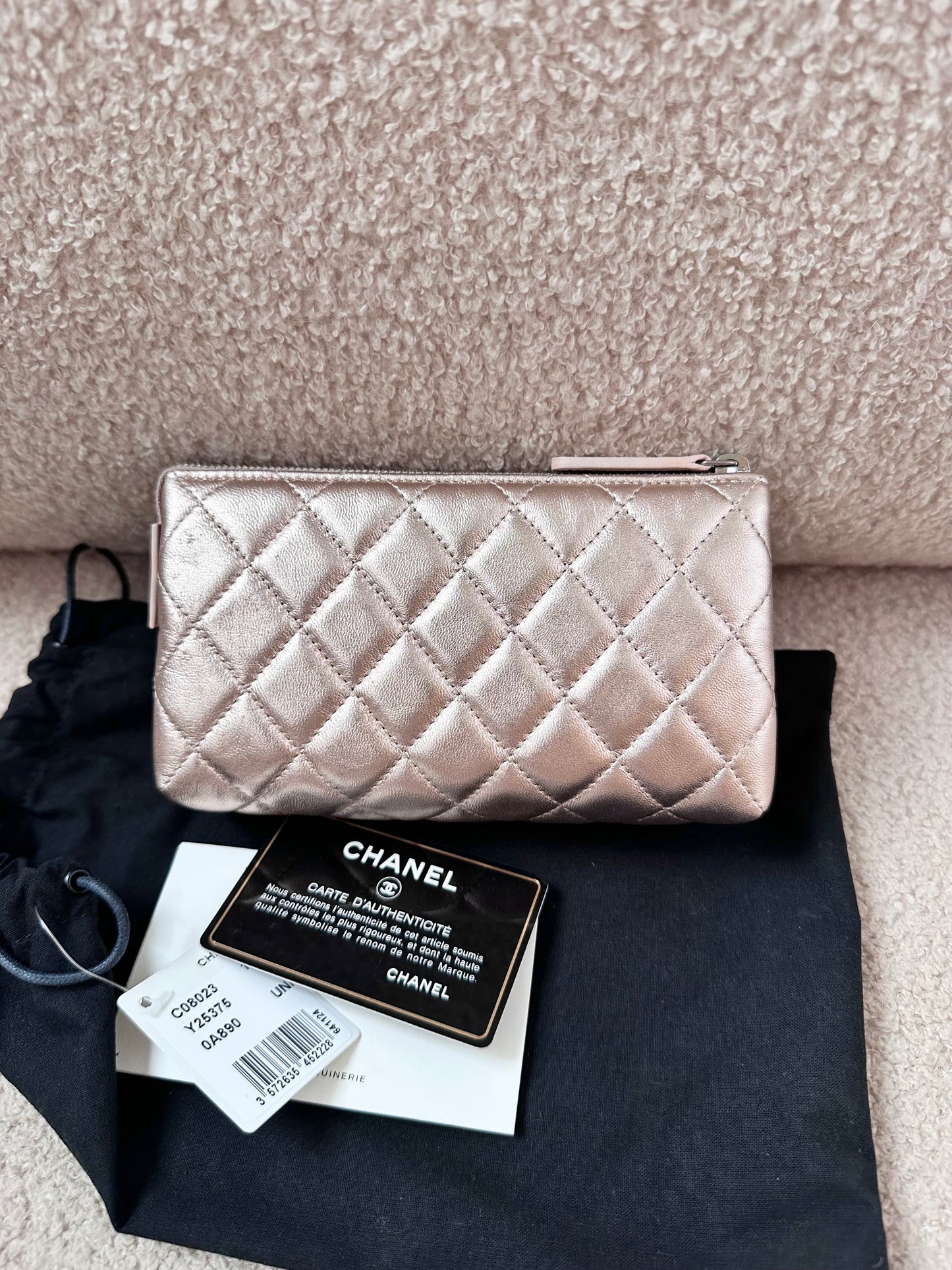 Chanel Quilted O Case Metallic Pink Rose Gold Zip Pouch