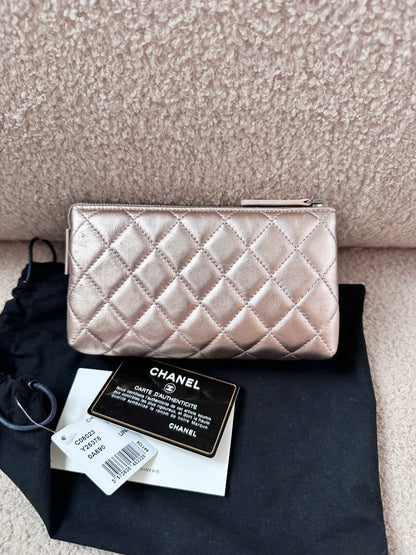 Chanel Quilted O Case Metallic Pink Rose Gold Zip Pouch