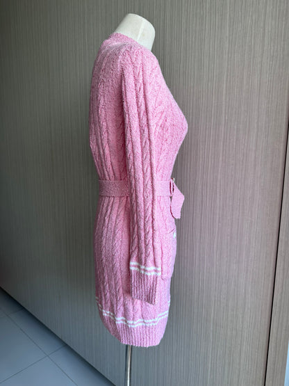 Chanel 22P Long Belted Pink Knit Cardigan