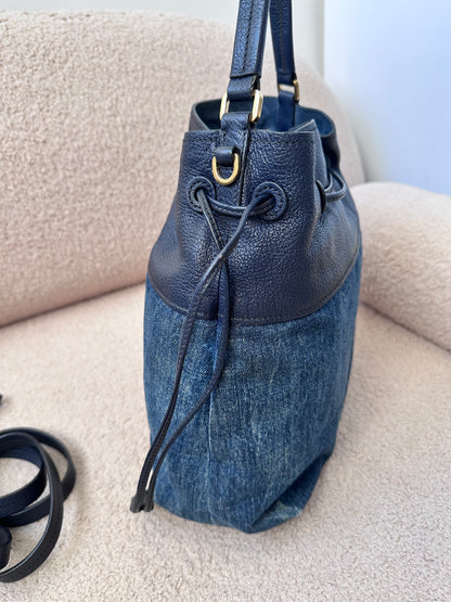 Miu Miu Leather Denim Drawstring Shoulder Bag