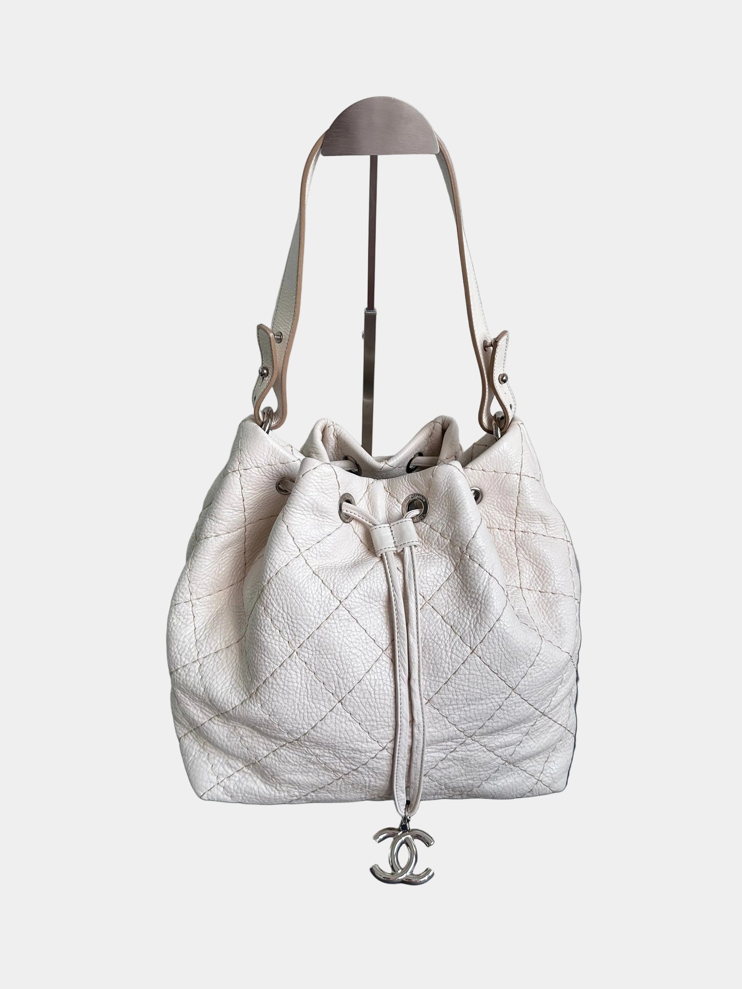 Chanel Maxi Hobo Caviar Bucket Shoulder Bag - Cream Beige / Silver Hardware