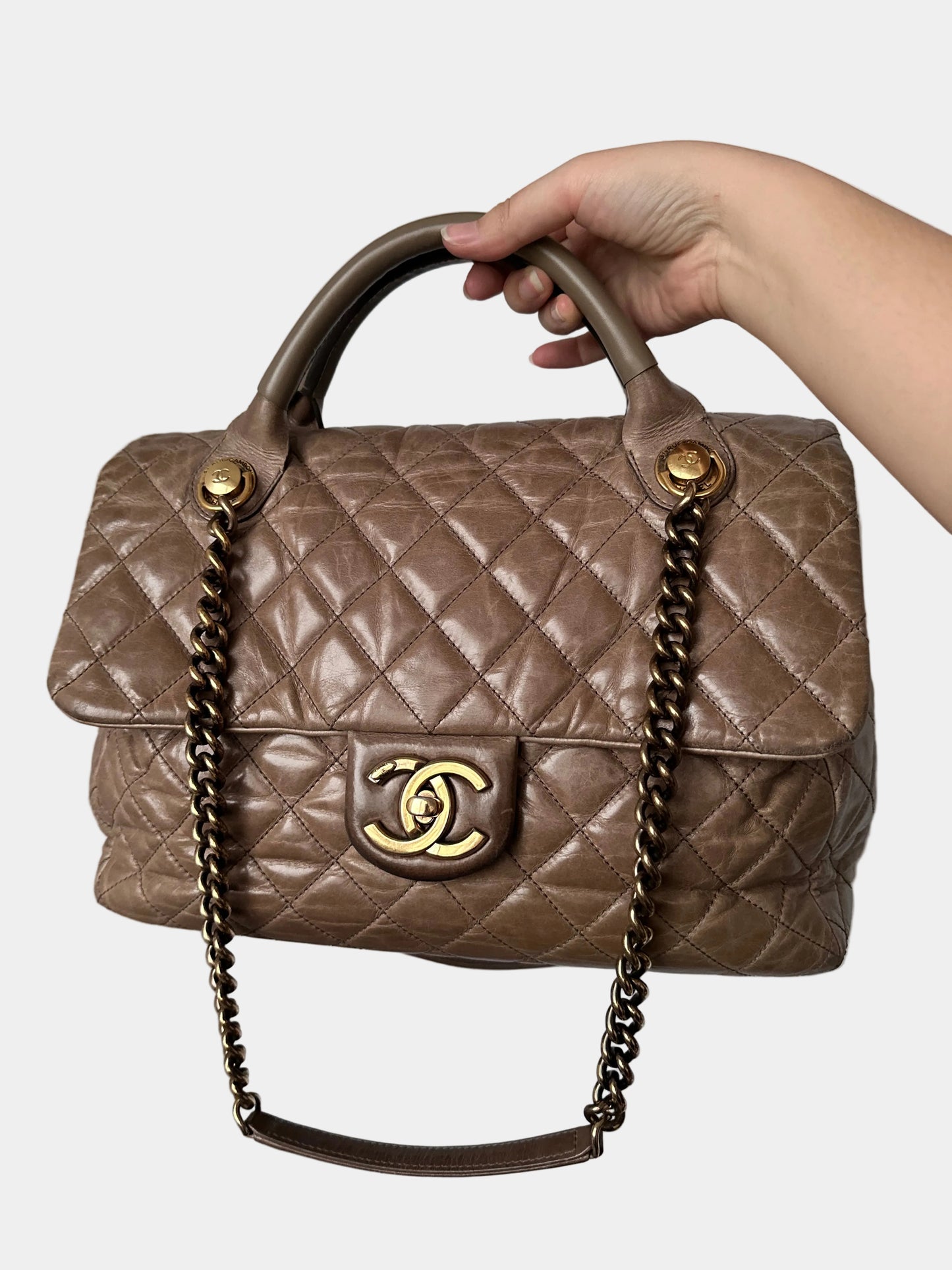Chanel Jumbo Flap Bag Castlerock Top Handle 一 Brown Wrinkled Calfskin