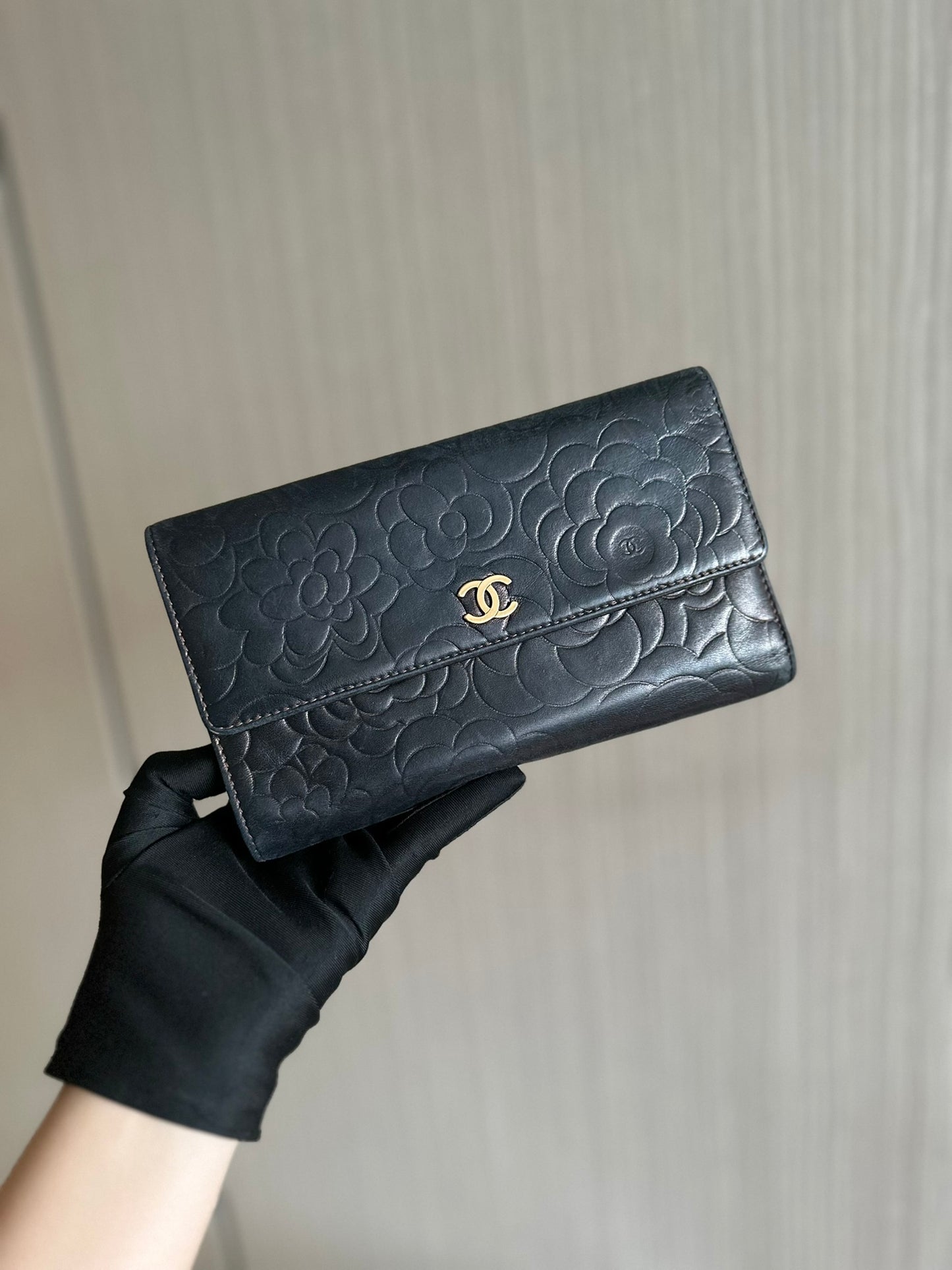 Chanel Large Organiser Long Wallet Camellia CC Black Lambskin