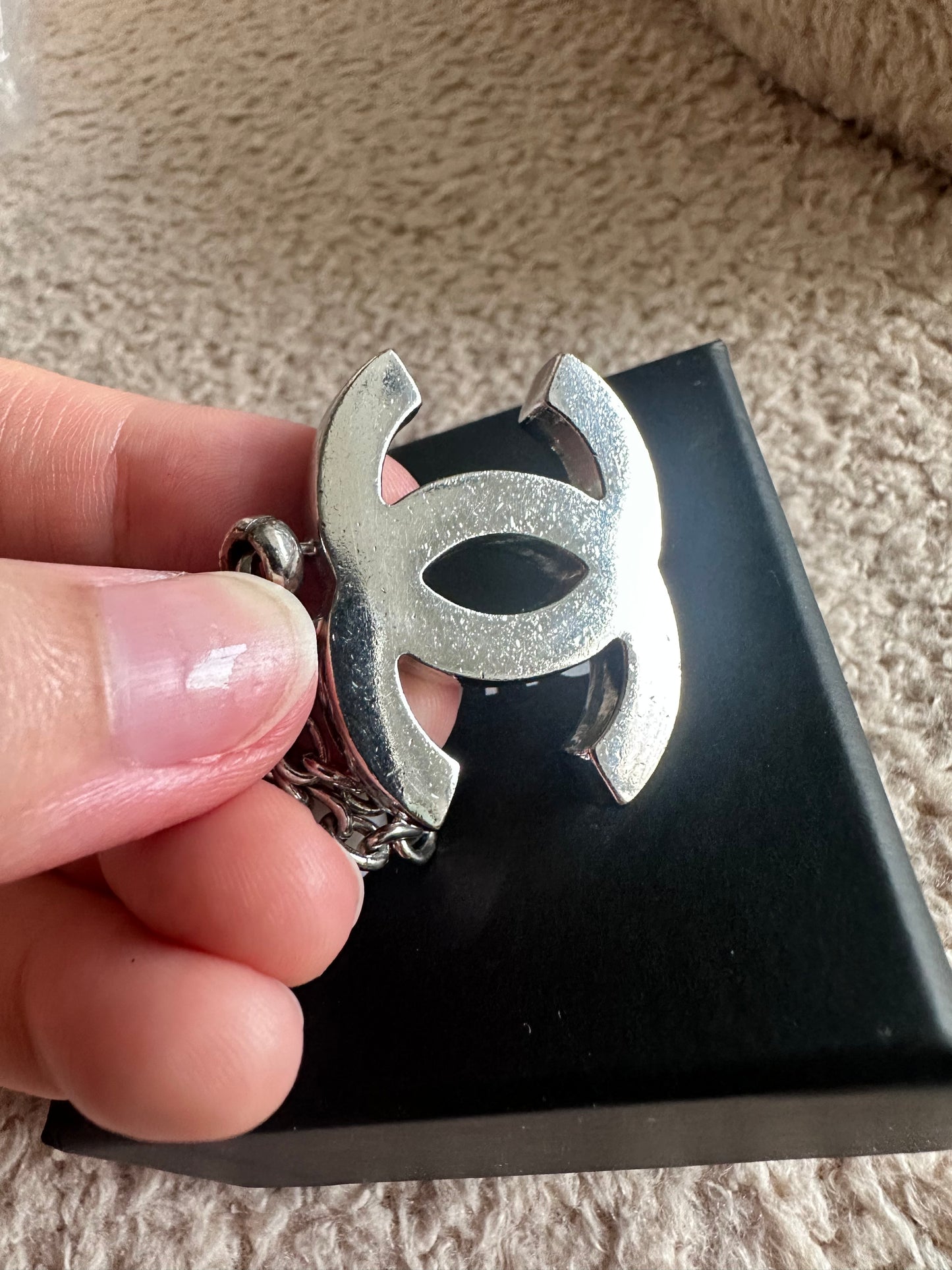 Chanel Logo Bag Charm With Pearl / Silver Hardware