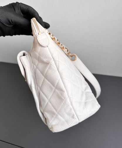 Chanel Caviar Quilted Hobo Shoppers Tote Bag - White / 24K Gold Plated Hardware