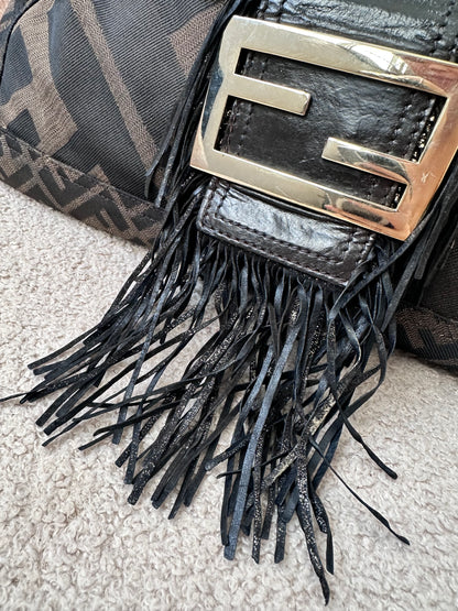 Archive Fendi Maxi Tobacco Zucca Fringe Baguette