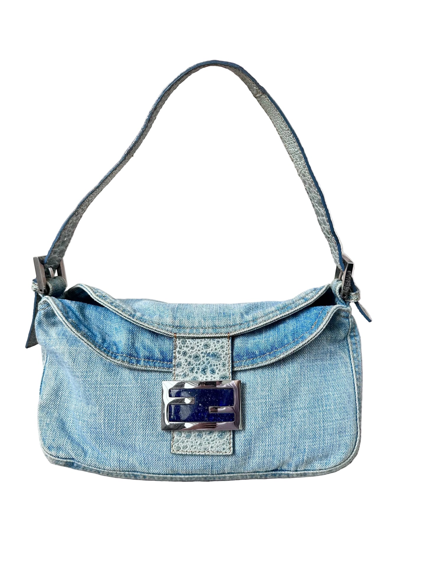 Fendi Denim Lapis Lazuli Exotic Leather Baguette
