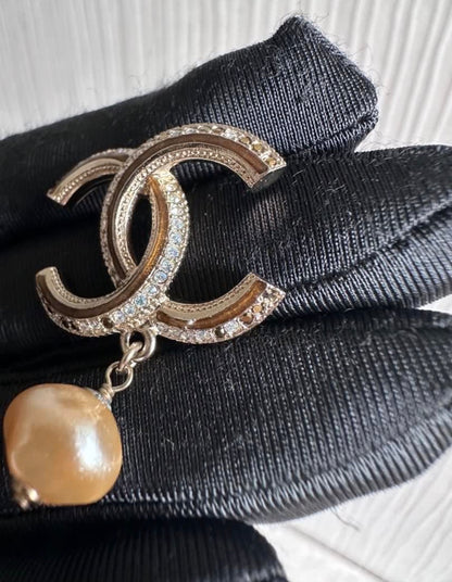 Chanel Dangling Pearl Brooch Bronze Crystals