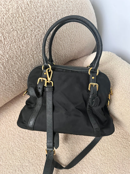 Prada Black Tessuto Leather Trim Top Handle Bag with Strap