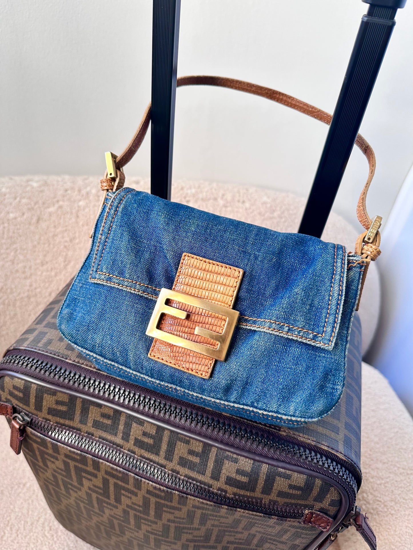 Fendi Vintage Blue Denim Lizard Trim Baguette