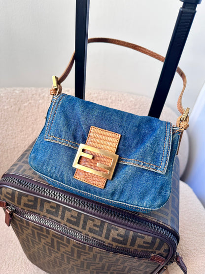 Fendi Vintage Blue Denim Lizard Trim Baguette