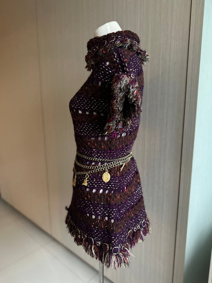 Rare Chanel Egyptian Runway Show Gold Thread Purple Tweed Woven Dress
