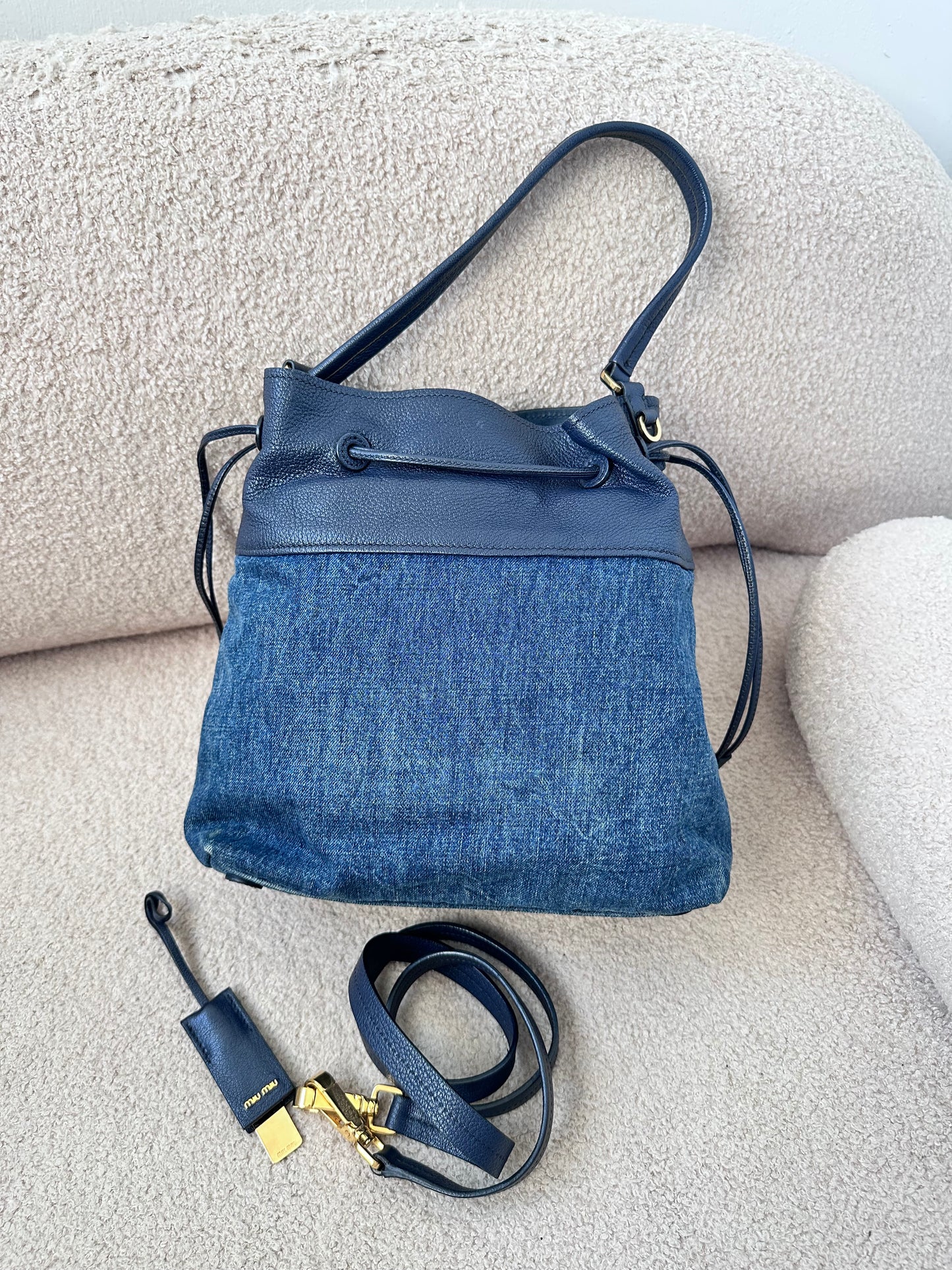Miu Miu Leather Denim Drawstring Shoulder Bag