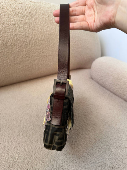 Fendi Embroidered Flower Baguette Pink FF Buckle