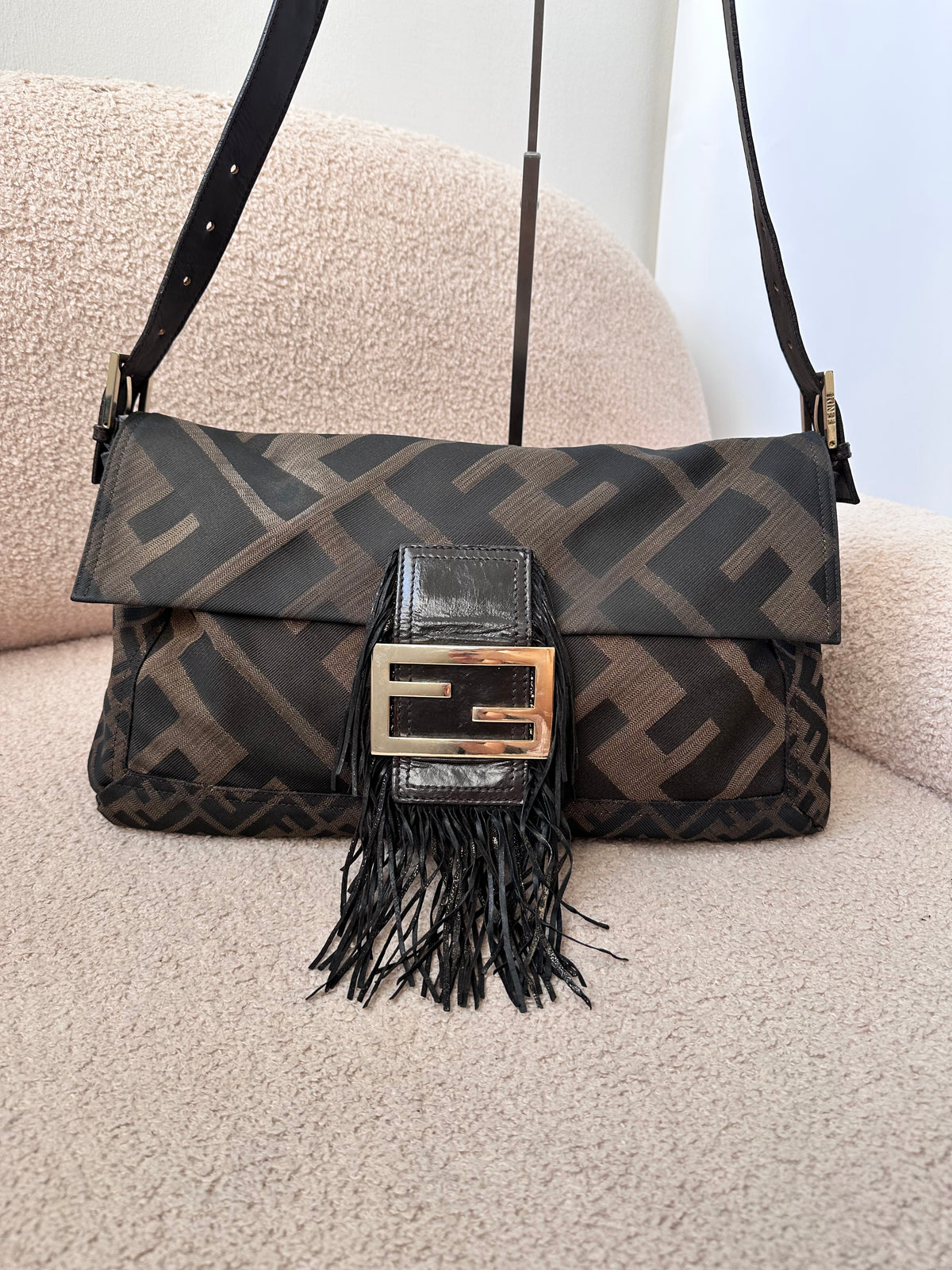Archive Fendi Maxi Tobacco Zucca Fringe Baguette