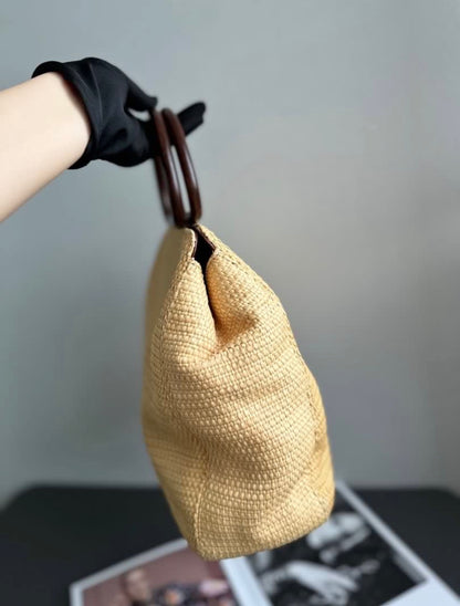 Rare Chanel Wooden Handle Hobo Raffia Tote Bag