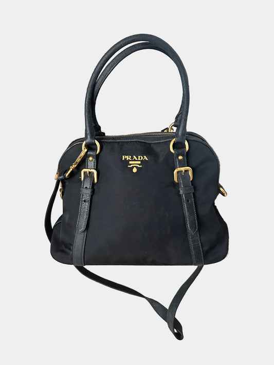 Prada Black Tessuto Leather Trim Top Handle Bag with Strap