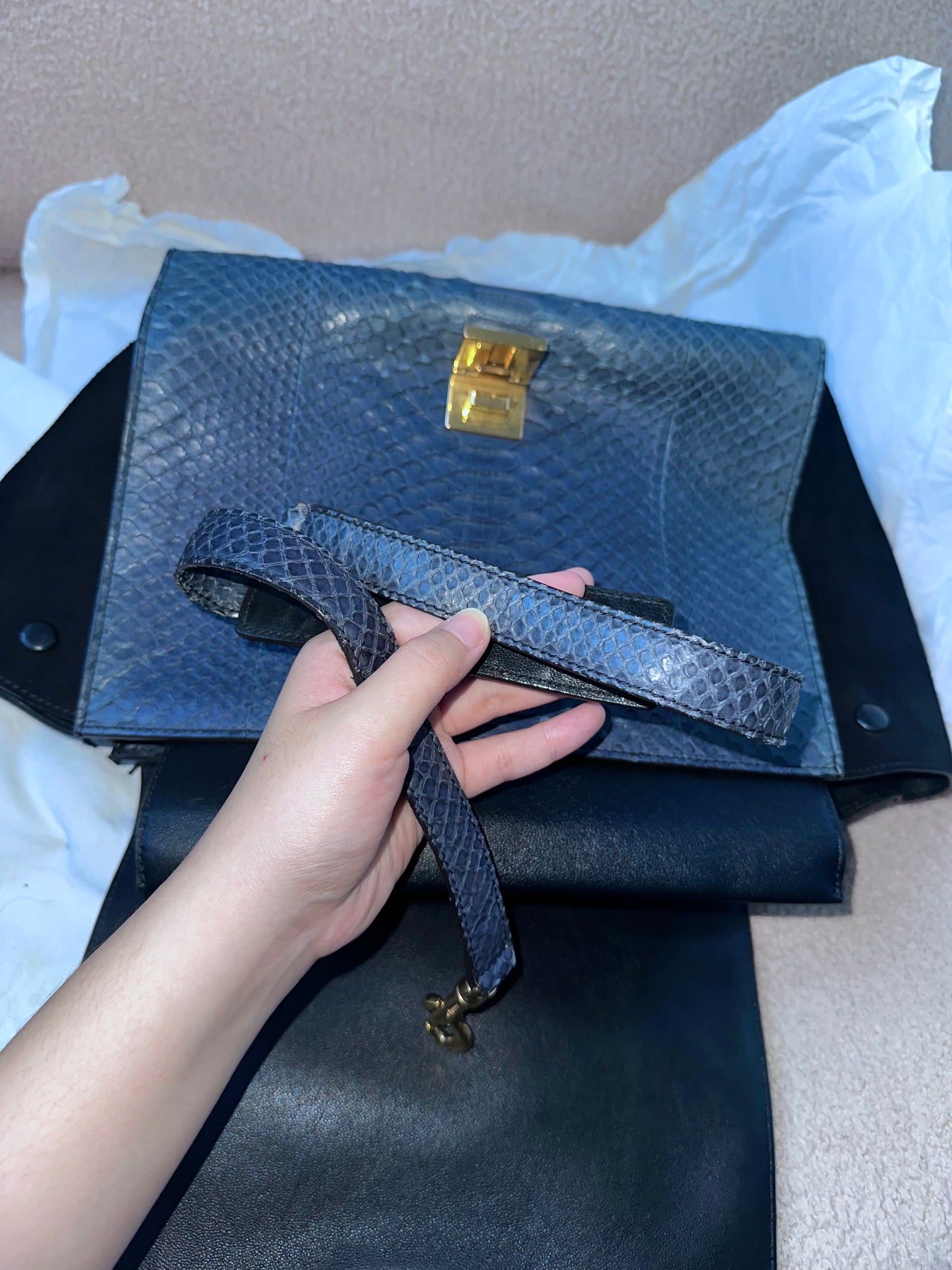 Celine Navy Python Trapeze Bag