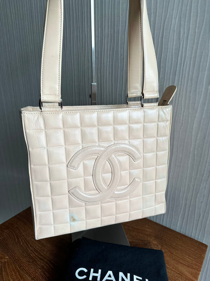 Chanel Vintage Beige Chocolate Bar Shoulder Tote Bag