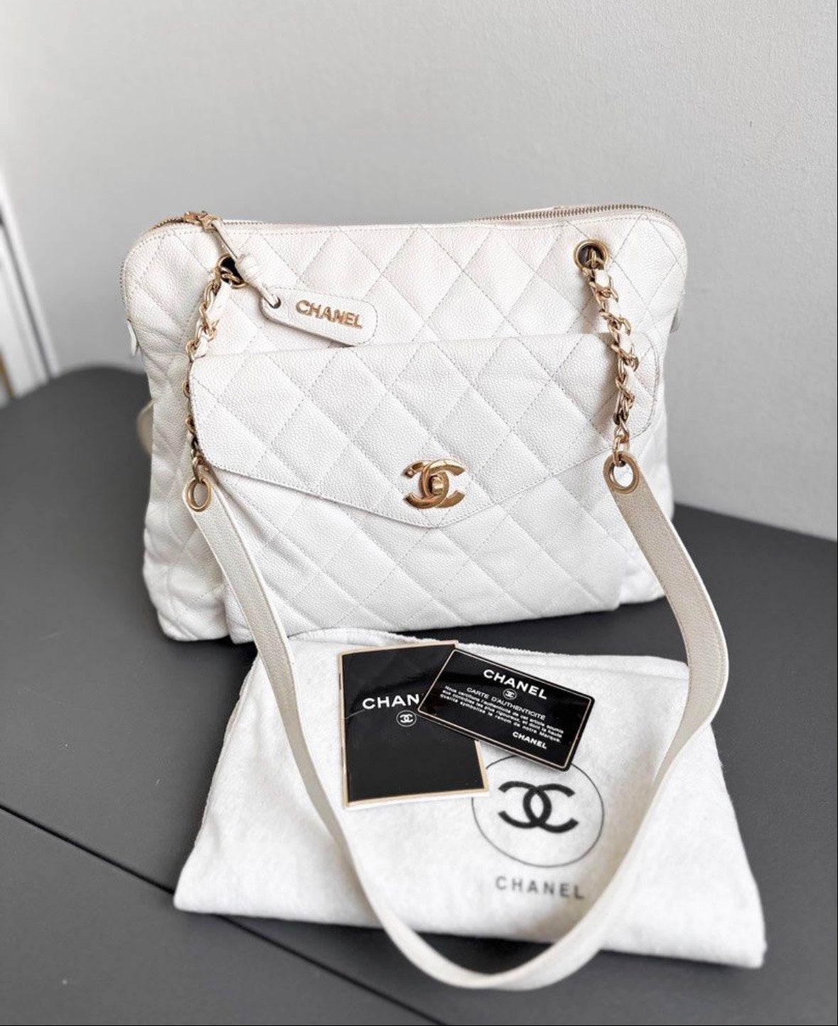 Chanel Caviar Quilted Hobo Shoppers Tote Bag - White / 24K Gold Plated Hardware