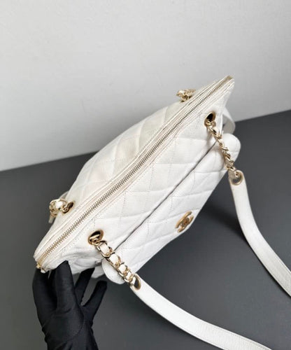 Chanel Caviar Quilted Hobo Shoppers Tote Bag - White / 24K Gold Plated Hardware