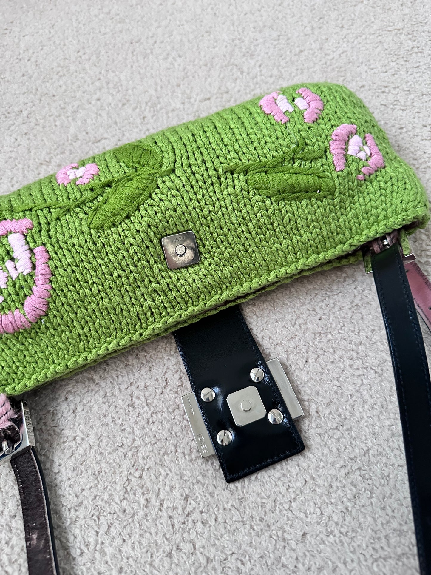 Ultra Rare Fendi Archive Crochet Floral Pony Hair Cow Print Baguette