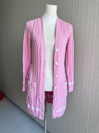 Chanel 22P Long Belted Pink Knit Cardigan