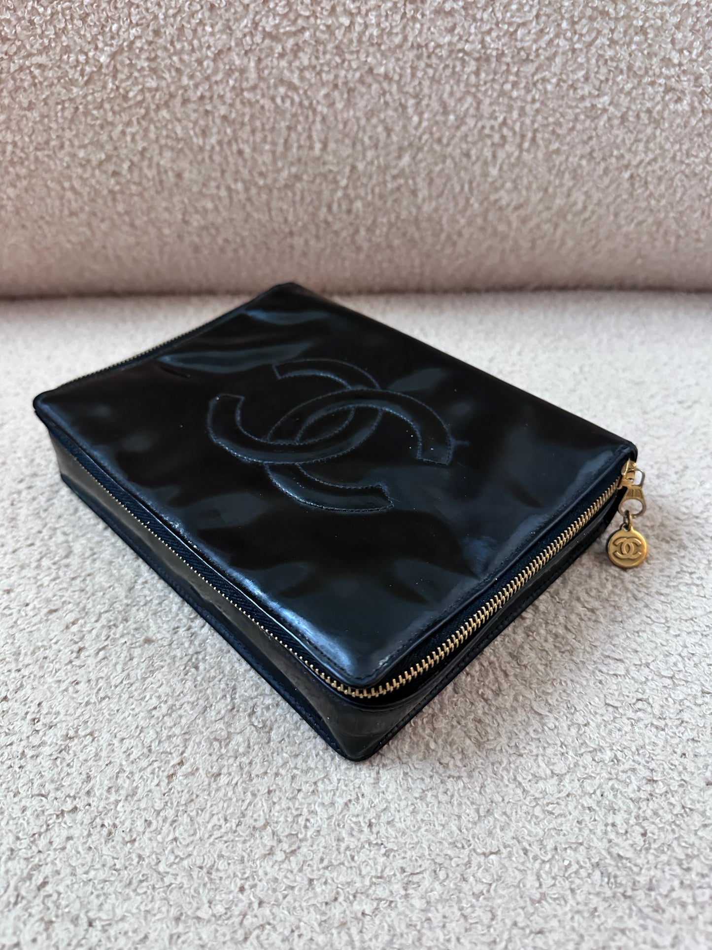 RARE Chanel Vintage Vanity Makeup Zip Case Clutch - 24K Gold Plated Hardware / Black Patent