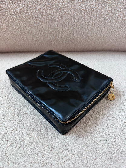 RARE Chanel Vintage Vanity Makeup Zip Case Clutch - 24K Gold Plated Hardware / Black Patent