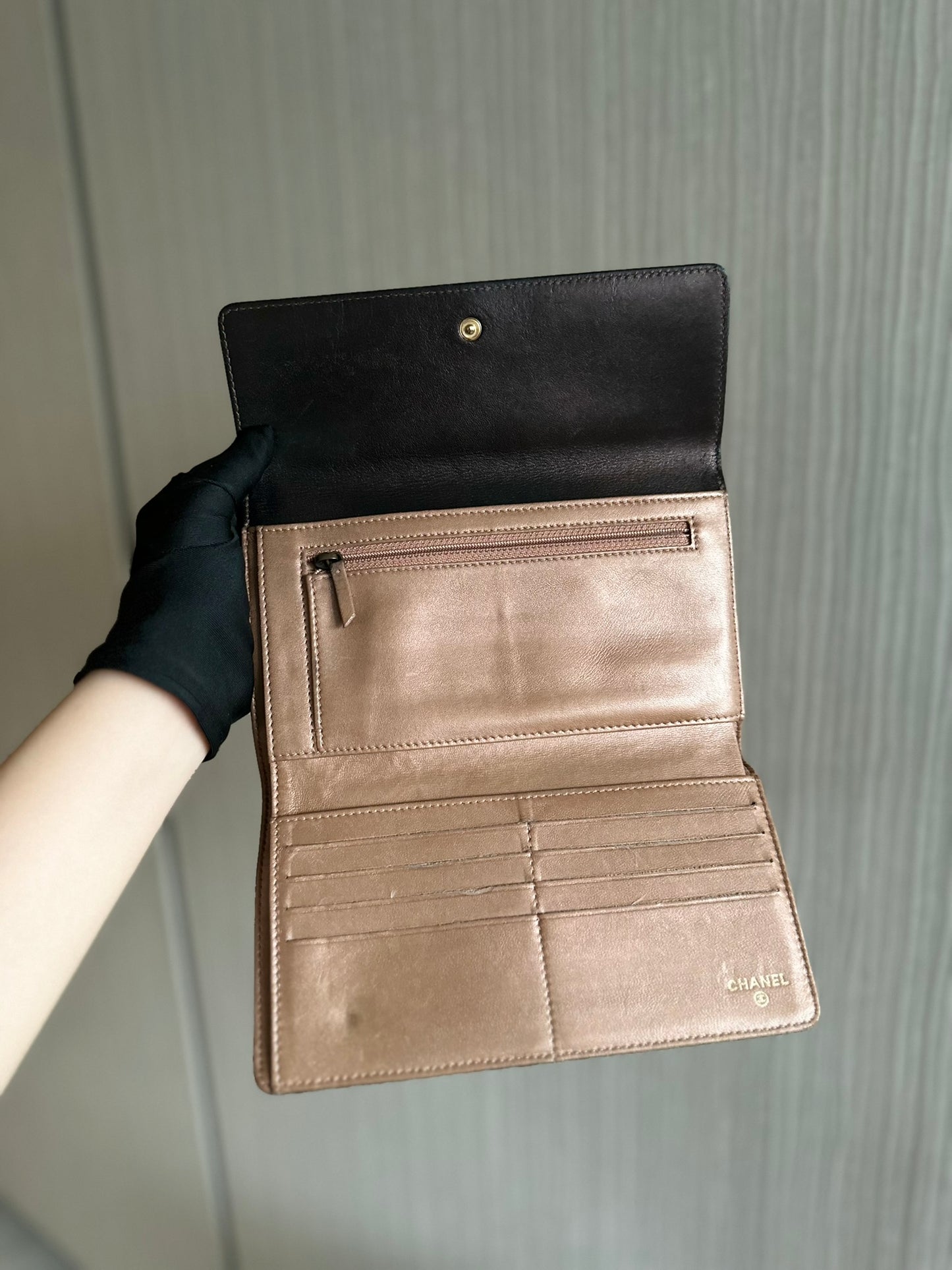 Chanel Large Organiser Long Wallet Camellia CC Black Lambskin