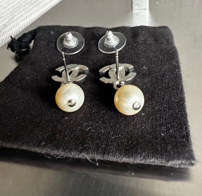 Chanel Classic CC Silver Pearl Dangling Earrings