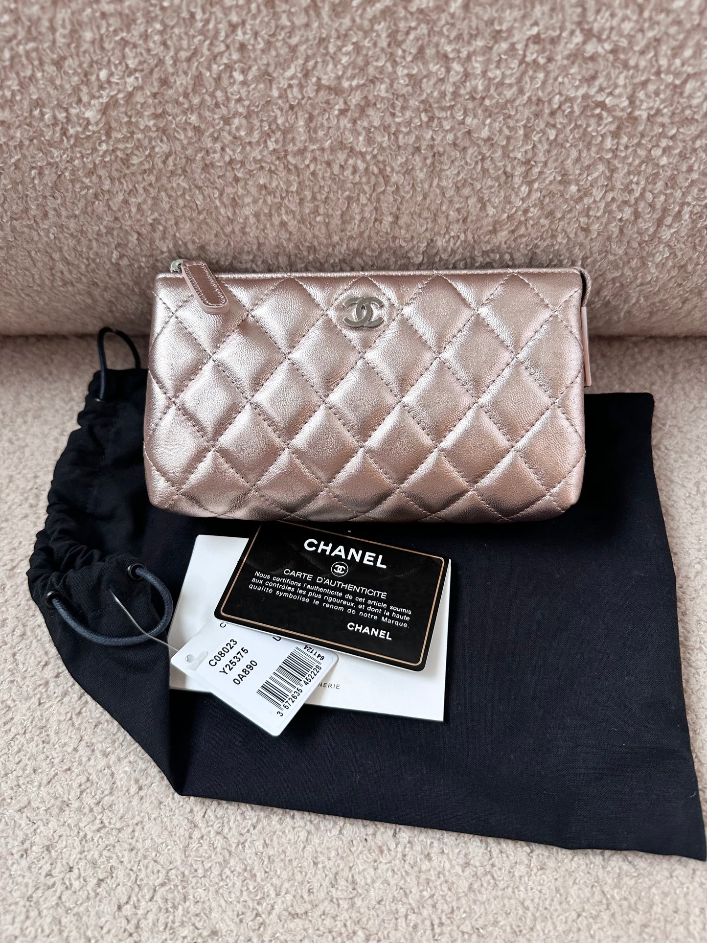 Chanel Quilted O Case Metallic Pink Rose Gold Zip Pouch
