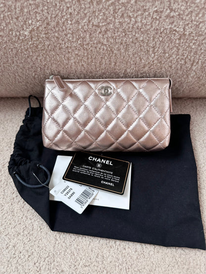 Chanel Quilted O Case Metallic Pink Rose Gold Zip Pouch