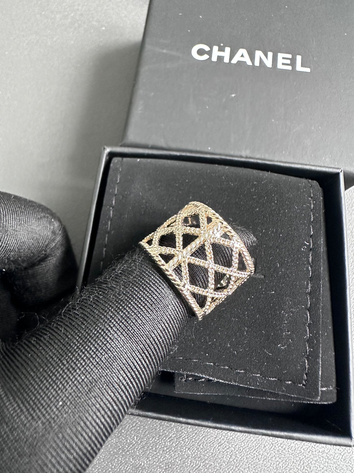 Chanel CC Pearl Mesh Ring Light Gold Hardware