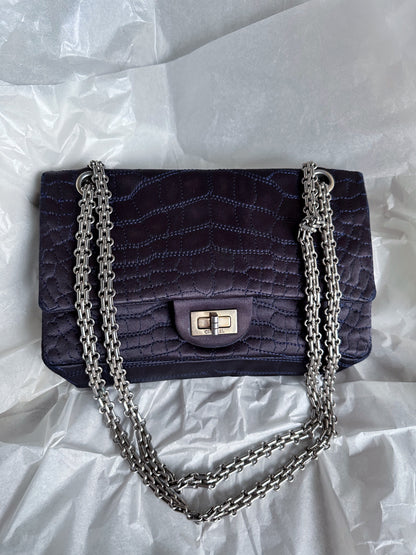 RARE Chanel Croc-Embossed Medium Double Flap 2.55 Reissue - Navy Satin, Fabric