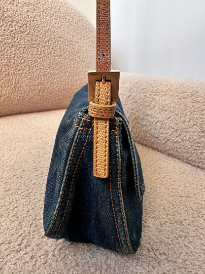 Fendi Vintage Blue Denim Lizard Trim Baguette