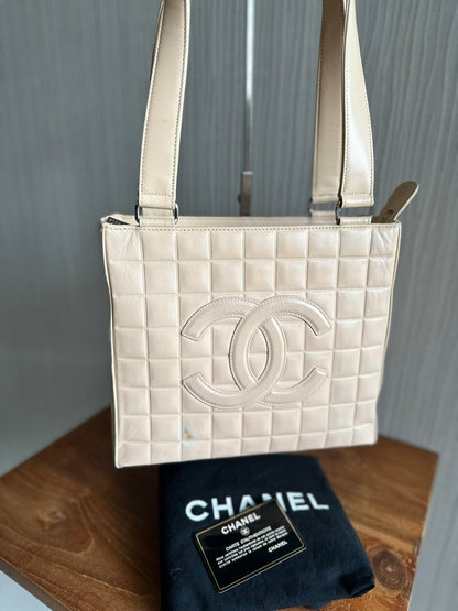 Chanel Vintage Beige Chocolate Bar Shoulder Tote Bag