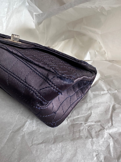 RARE Chanel Croc-Embossed Medium Double Flap 2.55 Reissue - Navy Satin, Fabric