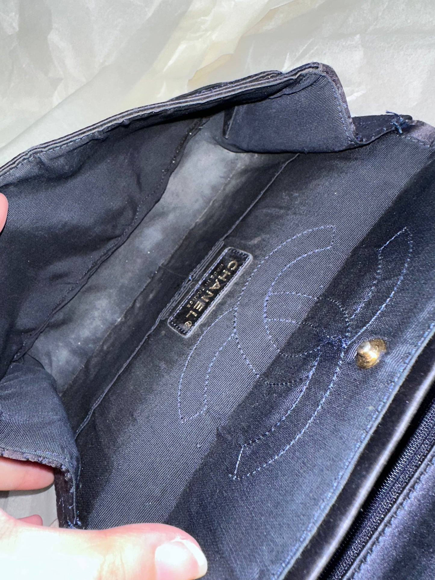 RARE Chanel Croc-Embossed Medium Double Flap 2.55 Reissue - Navy Satin, Fabric